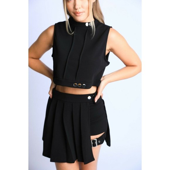 Women Sleeveless Crop top and Thigh belted Pleated Skater Skirt 2piece SET - Picture 7 of 7